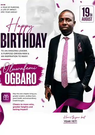 Birthday celebration flyer for Oluwafemi Ogbaro, President of THT Staff Cooperative